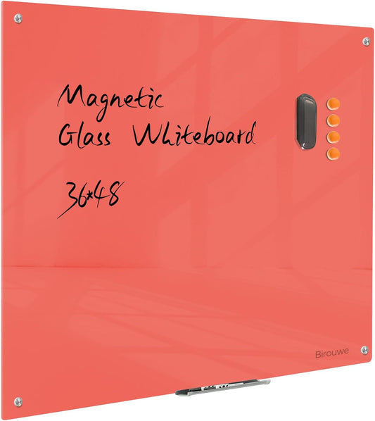 Magnetic Glass Dry Erase Board - White Board 48 x 36 Inch Wall Mounted Glass Whiteboard, Large Frameless Glass White Board for Wall Office, Home & School, Red
