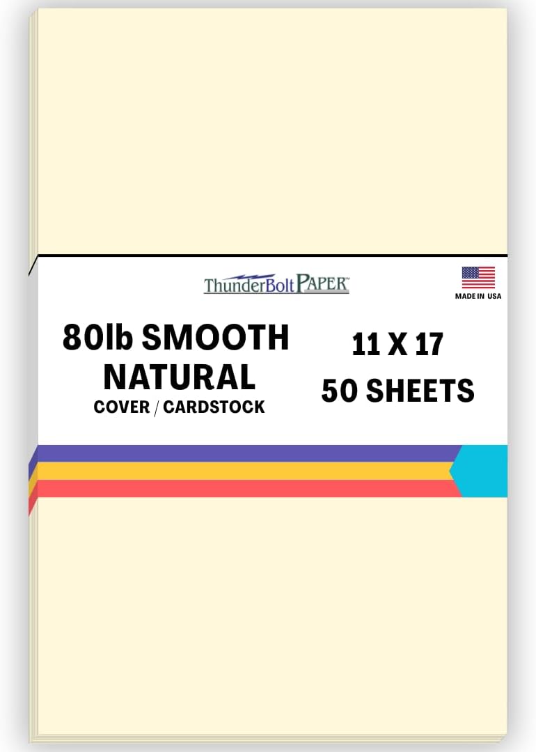 50 Natural Smooth Card Stock Sheets Paper - 11 X 17 Inches Tabloid|Ledger|Booklet Size - 80# (80 lb/pound) Cover Weight - Quality Paper - Smooth Finish