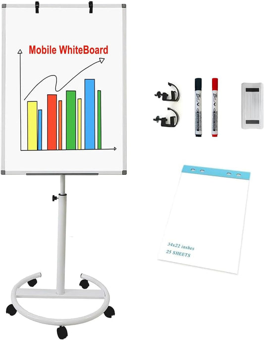 Mobile Dry Erase Board 36x24 Inches – Adjustable Rolling Whiteboard on Wheels, Stand Easel with Markers & Eraser, Includes 25-Sheet Paper Pad for Office, Classroom, Home
