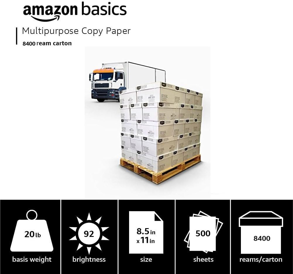 Amazon Basics Multipurpose Copy Printer Paper, 8.5 x 11 Inches, 20 lb, Truckload, 21 Pallet, 8,400 Reams (4.2M Sheets), 92 Bright, White