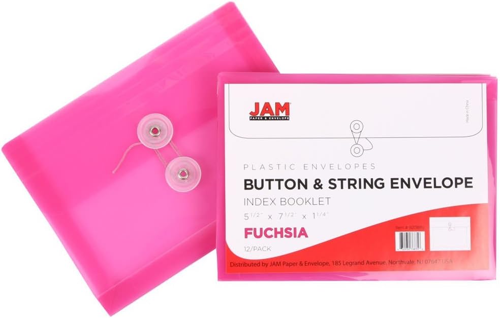 JAM PAPER Plastic Envelopes with Button & String Tie Closure - Index Size - 5 1/2 x 7 1/2 - Assorted Colors - 6/Pack