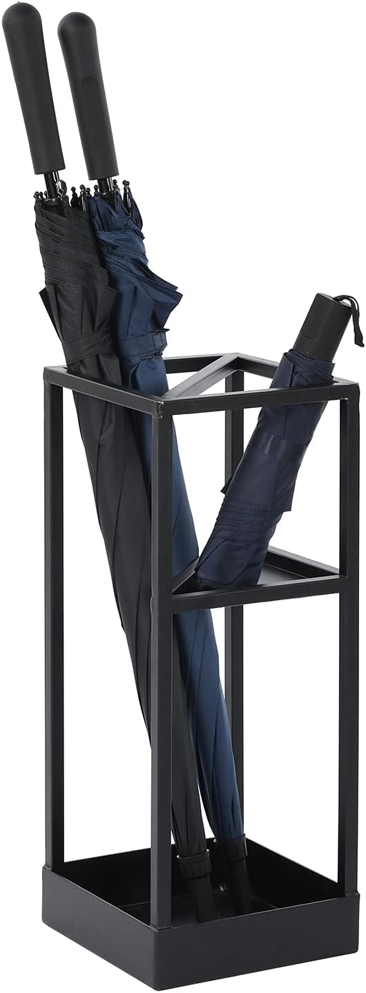 MyGift 20 Inch Tall Modern Brass Tone Metal Geometric Freestanding Entryway Umbrella Rack or Cane Holder with Shelf for Small Umbrellas and Bottom Drip Tray (Black)