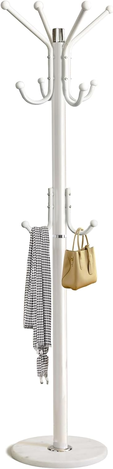 Kertnic Modern Coat Rack Freestanding with Natural Marble Base & Sturdy Metal Frame, 11 Hooks Hall Tree for Jackets, Hats, Bags, Entryway Organizer for Bedroom, Living Room, Closet (11 hooks-White)