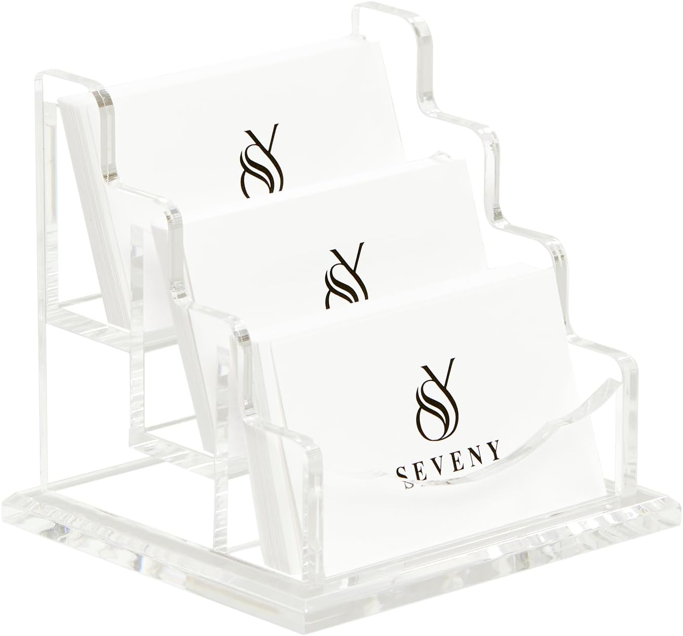 SEVENY Business Card Holder, Clear Acrylic Cards Organizer Stand for Men and Women, Business Cards Case Rack 1 Pack, Holds 180 Cards-3 Slot