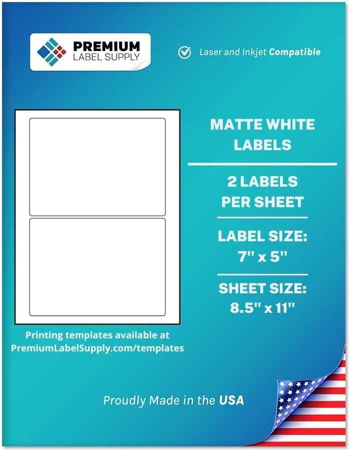 Premium Label Supply White Sticker Shipping Labels – 7" x 5" – Laser/Inkjet Compatible – (2 per Sheet), 100 Sheets – 200 Total Adhesive Labels
