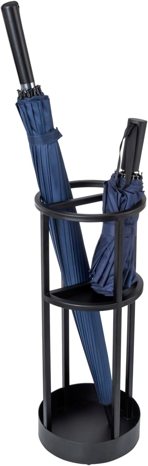 MyGift 20 Inch Tall Modern Round Matte Black Metal Freestanding Entryway Umbrella Rack or Cane Holder with Shelf for Small Umbrellas and Bottom Drip Catch