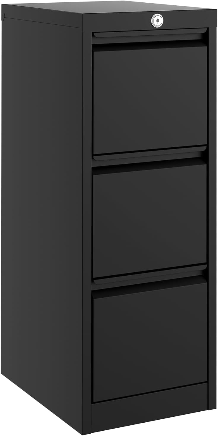 GarveeHome 3-Drawer Metal File Cabinet with Lock, Heavy Duty Filing Cabinet for Letter/Legal/A4/F4 Documents – Vertical Storage Organizer for Home Office, Black