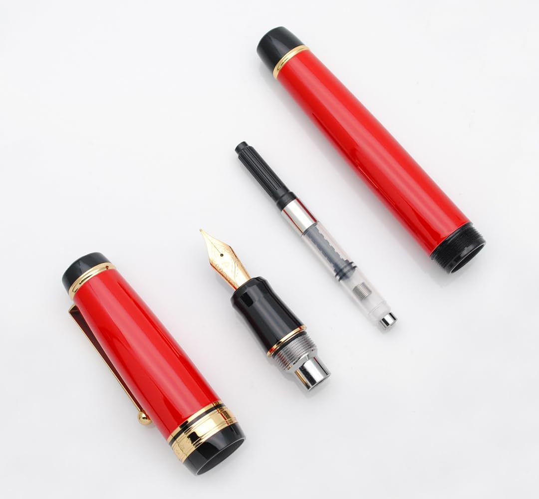 Metal Big Fountain Pen Set Medium Nib 0.7mm, Includes Ink Refill Converter, 5 Ink Cartridges & Gift Box (Medium Nib 0.7mm, Red)