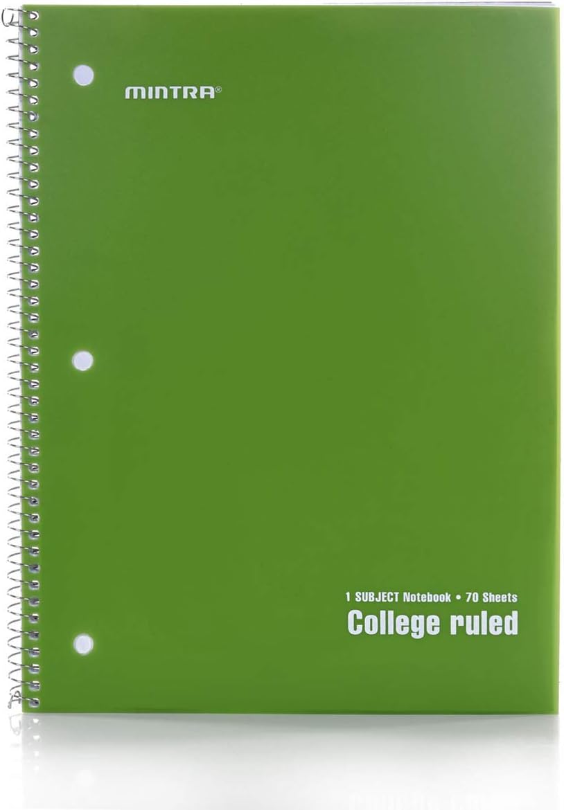 Mintra Office Spiral Notebooks - 1 Subject, Poly Cover, 70 Sheets, College Ruled, 8in x 10in, Bulk Pack, Primary Color Waterproof Covers, Set of 6 - for School, Office, Business, Professional (04659)