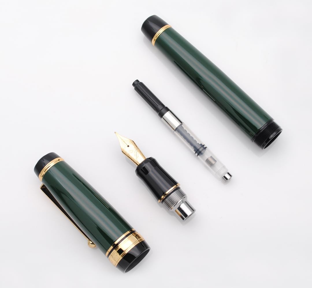 Metal Big Fountain Pen Set Medium Nib 0.7mm, Includes Ink Refill Converter, 5 Ink Cartridges & Gift Box (Medium Nib 0.7mm, Green)