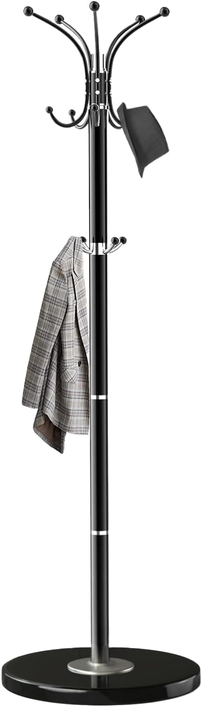 Coat Rack with Natural Marble Base, Metal Freestanding Coat Racks with 14 Hooks, 360°Rotary Coat Rack Stand for Hanging Scarf, Bag, Jacket, Black Coat Tree Hanger Holder Stand