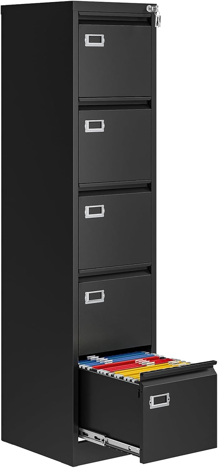5 Drawer File Cabinet with Lock, Metal Filing Cabinets for Home Office, Vertical Black Locking File Caninet, Steel Narrow Five Drawer File Cabnet for Letter/Legal / A4 / B4- Assembly Required