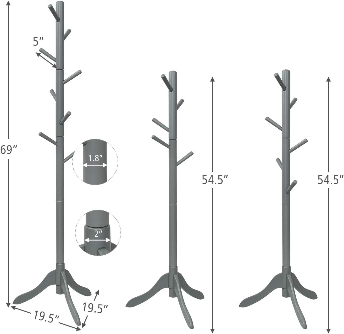 Tangkula Wooden Tree Coat Rack Freestanding, Entryway Coat Stand with 8 Hooks, Height Adjustable Coat Tree, Coat Hanger Stand for Home Office Hall Entryway