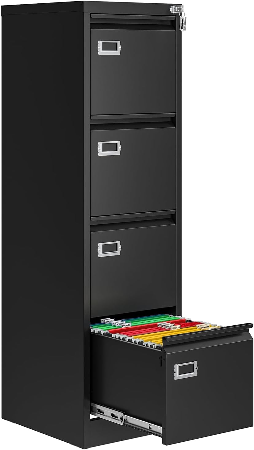 4 Drawer File Cabinet with Lock, Metal File Cabinets for Home Office,18" Deep Vertical Black Filing Cabinets Office Storage Cabinet for Letter/Legal / A4 / F4 Size, and File Folders
