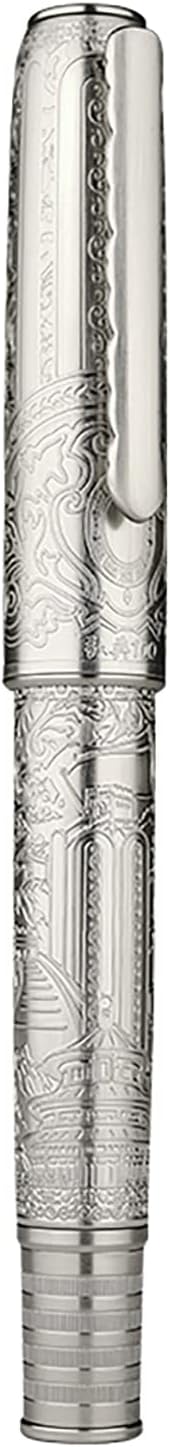 Hongdian 100 Silver Steel Piston Fountain Pen, Iridium Fine Nib Calligraphy, Smooth Writing Pens, Nice Writing Pen for Men & Women