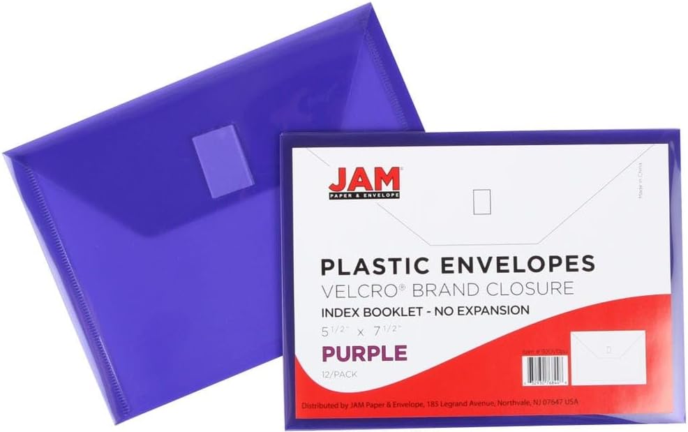 JAM PAPER Plastic Envelopes with Hook & Loop Closure - Index - 5 1/2 x 7 1/2 - Purple - 3/Pack