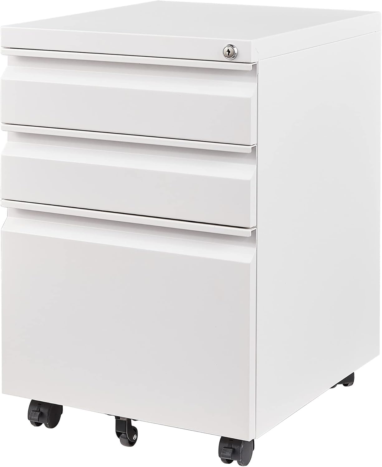 3 Drawer File Cabinet, Fully Assembled Mobile File Cabinets with Lock for Home Office, Metal Rolling Filing Caninet on Wheels, Three Drawer Under Desk Cabnet for Letter/Legal / A4 - White