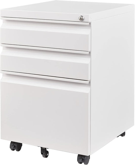 3 Drawer File Cabinet, Fully Assembled Mobile File Cabinets with Lock for Home Office, Metal Rolling Filing Caninet on Wheels, Three Drawer Under Desk Cabnet for Letter/Legal / A4 - White