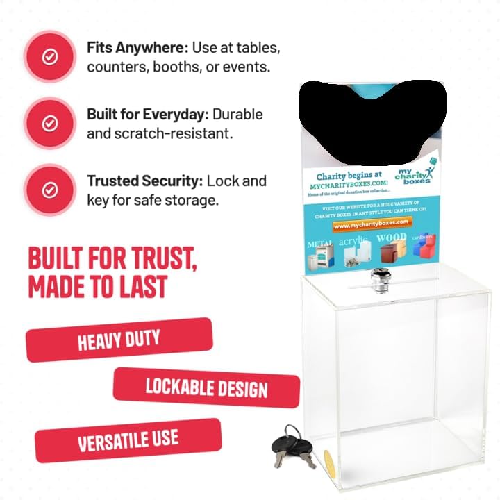 Clear Donation Box for Fundraising with Lock & Display Sign Holder, Raffle Box, Tip Box, Secure Ballot Box and Suggestion Box with slot, Extra large Ticket Box size 16" x 8" x 6" (2 pack)