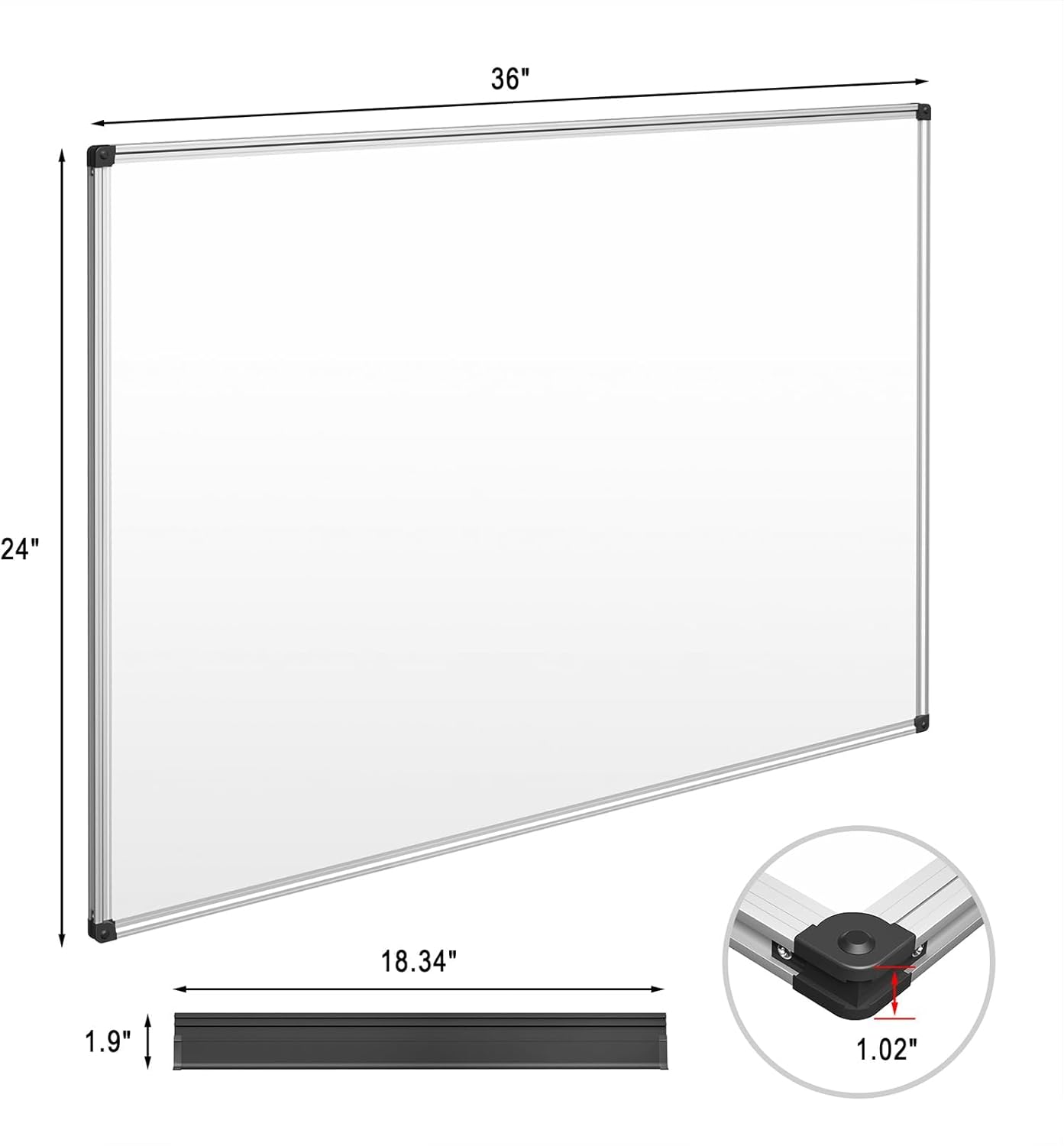 Magnetic Dry Erase Whiteboard 36 x 24 Inch - Small White Board, Silver Aluminum Frame Wall-Mounted, Magnetic Eraser, 2 Pens, Detachable Marker Tray, 6 Magnets for Office, School