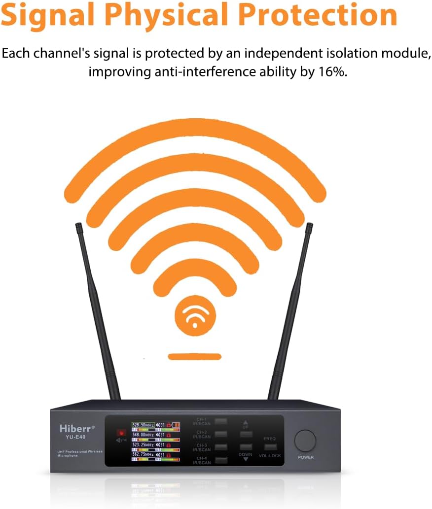 Wireless Microphone System, 4 Channels Adjustable UHF Wireless Microphone Headset Metal Shell Vocal Wireless Mic Lapel for Church, Party, Singing, SpeechYU-E40B Cordless Microphone