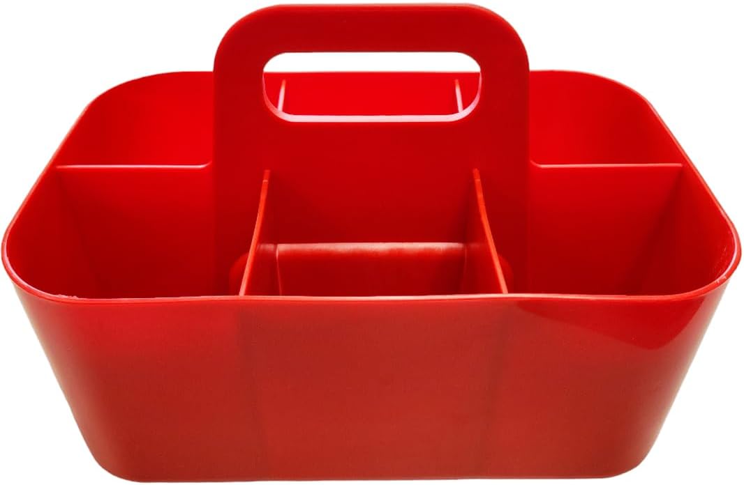 Small Stackable Plastic Caddy with Handle 6 Compartment | Desk, Makeup, Dorm Caddy, Classroom Art Organizers - 4 Pack, Made In USA (Red)