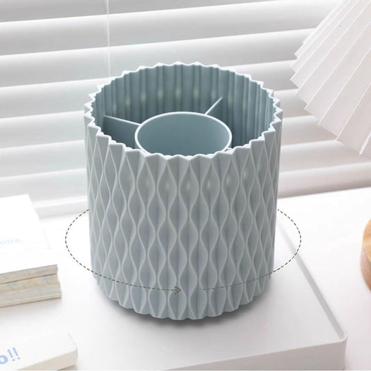 OWLFAVO Rotate Desk Organizer, Spinning Pen Holder Stationery, 360-Degree Pencil Accessories Storage Caddy Tray for College, Home, Office, Makeup Brush, 5 Compartments, Blue