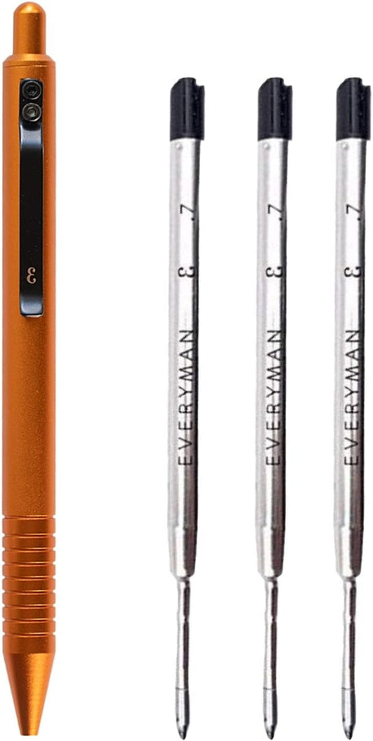 Everyman Taipan Orange Grafton Pen & Ink Bundle, Premium EDC Luxury Writing Utensil with Extra 3-pack of Black Gel Refills (.7mm), Pen with Pocket Clip, Luxury Metal Writing, Gift for Office