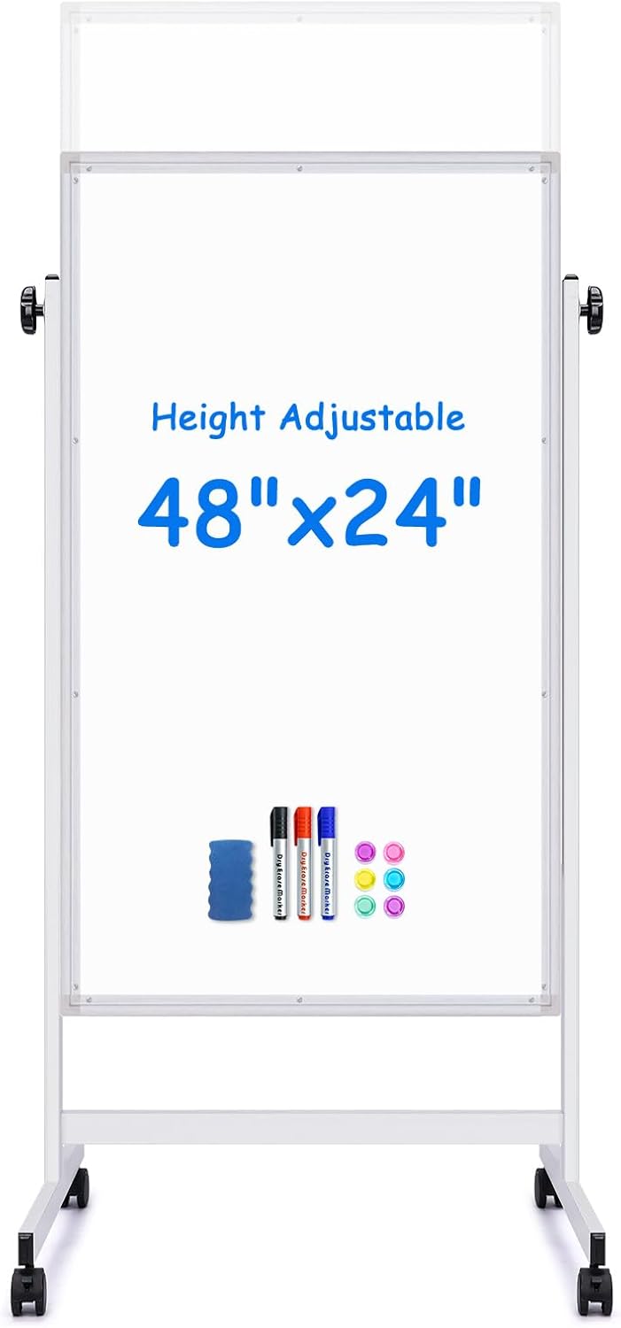 maxtek Rolling White Board, 48 x 24 Height Adjustable Whiteboard on Wheels, Large Magnetic Standing Mobile Easel Board, Double-Sided with Stand for Office, Home, and Classroom