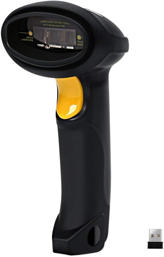 Barcode Scanner (2.4GHz Wireless USB Automatic & USB2.0 Wired) Rechargeable 1D Handheld Bar-Code Reader Support for FedEx and USPS Maximum Offline 2600 Code Entries