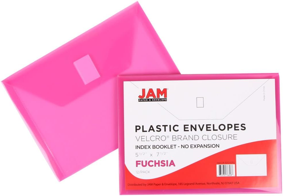 JAM PAPER Plastic Envelopes with Hook & Loop Closure - Index - 5 1/2 x 7 1/2 - Fuchsia Pink - 12/Pack