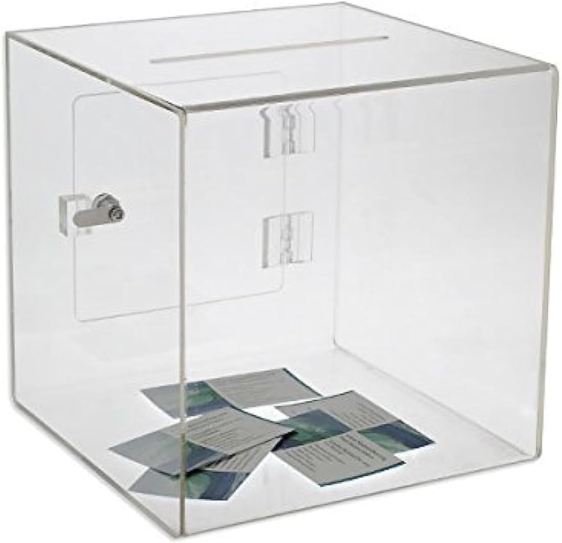 Source One Premium Acrylic Cube Donation Box with Deluxe Rear Open Door and Cam Lock Suggestion Box (8 Inch, Clear)