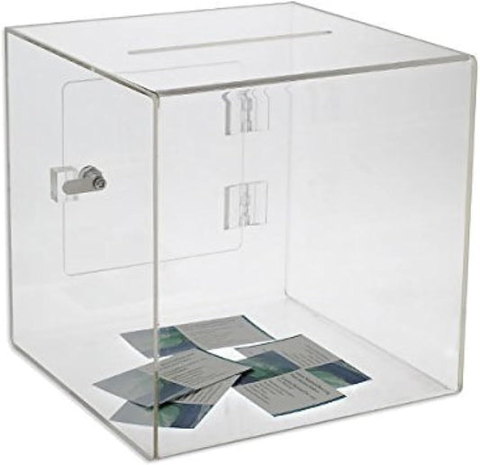 Source One Premium Acrylic Cube Donation Box with Deluxe Rear Open Door and Cam Lock Suggestion Box (8 Inch, Clear)