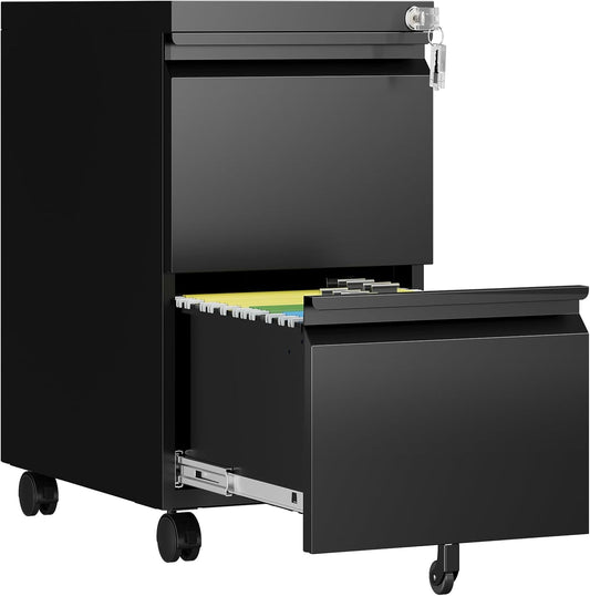 2 Drawer File Cabinet with Lock, Rolling File Cabinets for Home Office, Small Metal Filing Cabinet Office Drawers Under Desk for Letters/Legal/A4 Size, Assembly Required