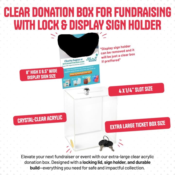 Clear Donation Box for Fundraising with Lock & Display Sign Holder, Raffle Box, Tip Box, Secure Ballot Box and Suggestion Box with slot, Extra large Ticket Box size 16" x 8" x 6" (2 pack)