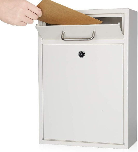 KYODOLED Steel Key Lock Mail Boxes Outdoor, Locking Wall Mount Mailbox, Security Key Drop Box, Collection Boxes,16.2H x 11.22L x 4.72W Inches, White X Large