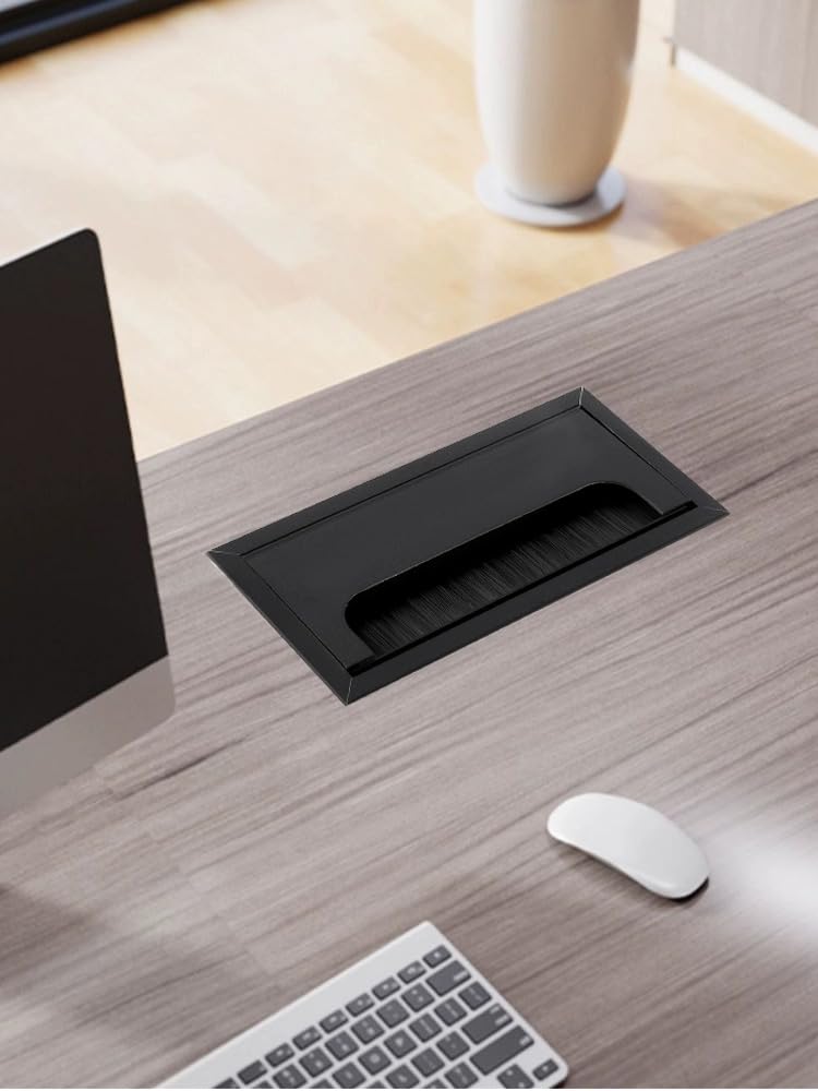 2PCS Desk Grommet Metal Rectangle Desk Cord Cable Hole Cover Grommet with Brush for Home Office Bank Computer Table (black)
