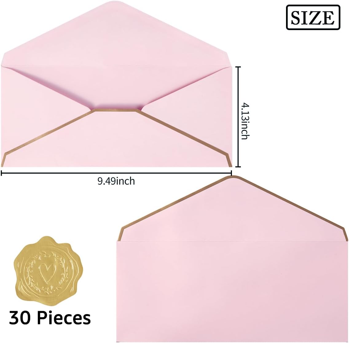 30 Pack Thick #10 Business Envelopes with Gold Border, 4 1/8 x 9 1/2 Thick Paper Standard Envelopes with Stickers for Office, Checks, Letter Mailing, Invoices (Light Pink)
