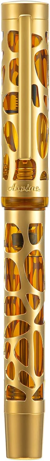 Asvine V169 Vacuum Filling Fountain Pen Extra Fine Nib, Water Drop Skeleton Gold Trim Transparent Coffee Acrylic Pen Case Set