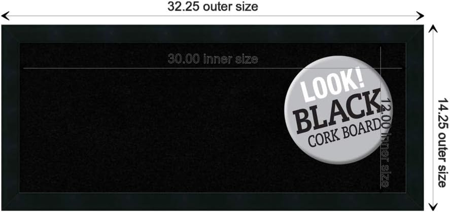Amanti Art Black Cork Board for Wall, 14x32 Vision Board with Black Wood Frame, Medium Corkboard Office Decor for Home Organization, Modern Contemporary Corkboard Pinboard to display items for home