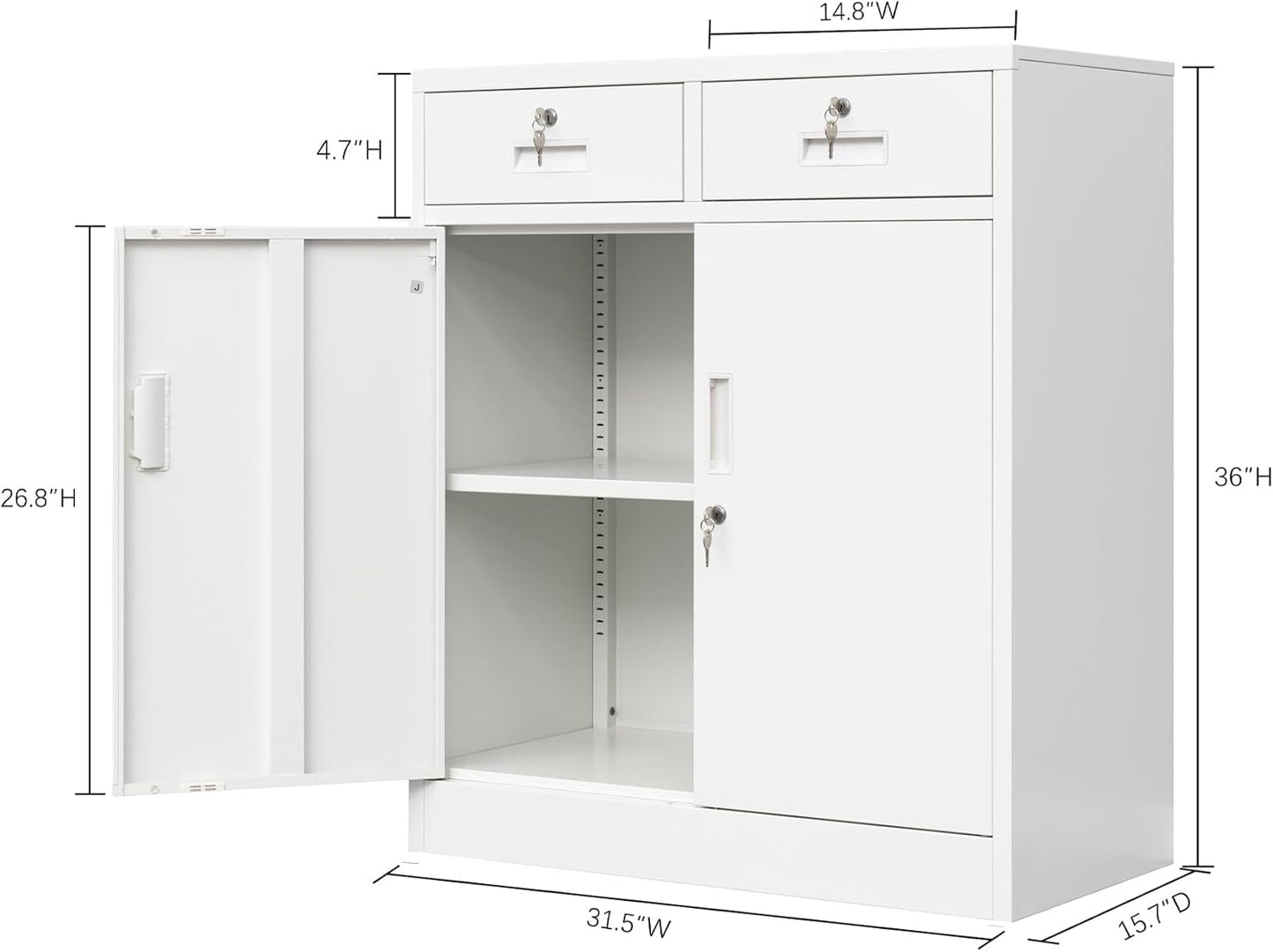 BESFUR Metal Storage Cabinet with Locking Doors and 2 Drawers, 36” Garage Cabinet for Classroom, Home and Office - White
