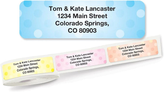 Pastel Dots Rolled Personalized Return Address Mailing Labels with Dispenser, Set of 500, 5 Designs, Small ¾ x 2½ Inch Size, Custom Self-Adhesive Sticker Roll, by Colorful Images