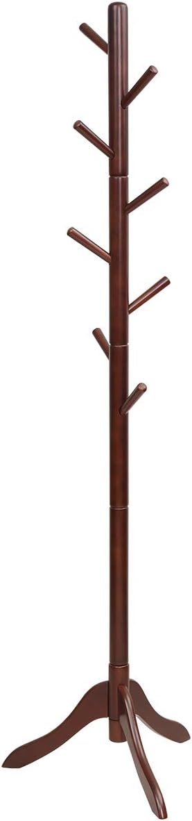 Tangkula Wooden Tree Coat Rack Freestanding, Entryway Coat Stand with 8 Hooks, Height Adjustable Coat Tree, Rubber Wood Coat Hanger Stand for Home Office Hall Entryway