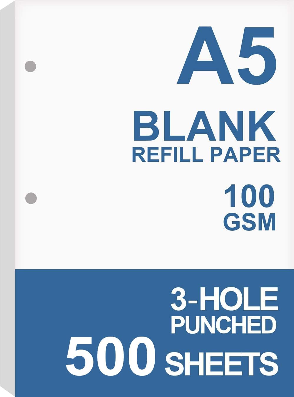 (5-Pack) A5 Filler Paper, 3 Hole Planner Refills, Organizer, Loose-leaf Binder Paper, Total 500 Sheets/1000 Pages, 100gsm, Blank, White Paper, 5.8 x 8.2 Inch, 3 Hole Filler Paper