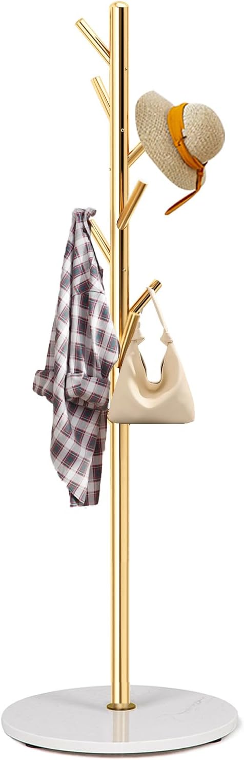 Coat Rack Stand with Natural Marble Base, Metal Freestanding Coat Rack, Modern Golden Coat Racks with 8 Hooks, Golden Standing Coat Hall Tree Hanger Stand for Scarf, Bag, Jacket