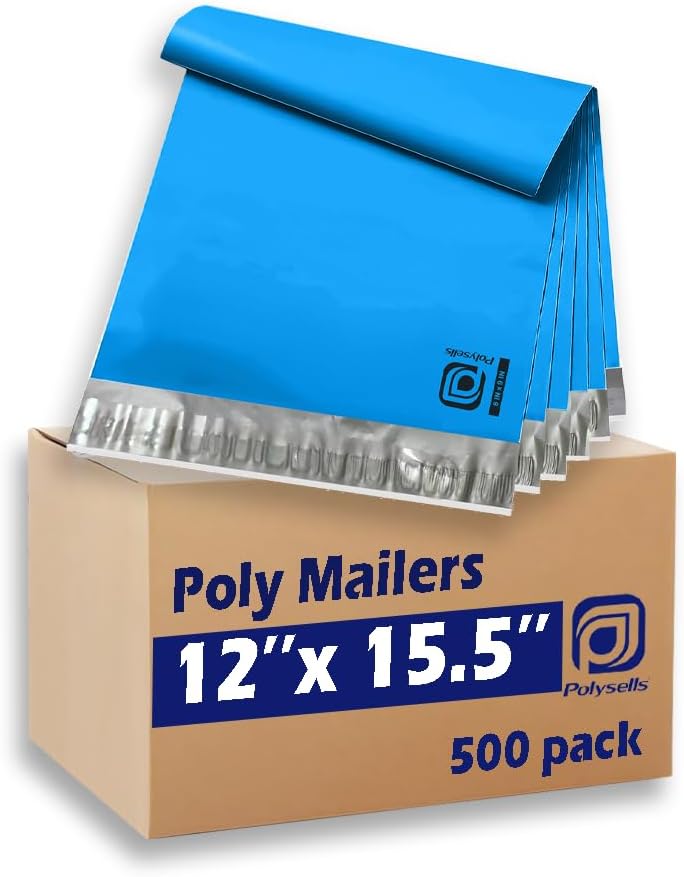 POLYSELLS 500 pcs 12x15.5 Inches Blue Poly Mailers Shipping Envelopes, Strong Adhesive Sealing, Waterproof, and Tear-resistant Postal Mailing Bags for Clothing, Books, and Accessories