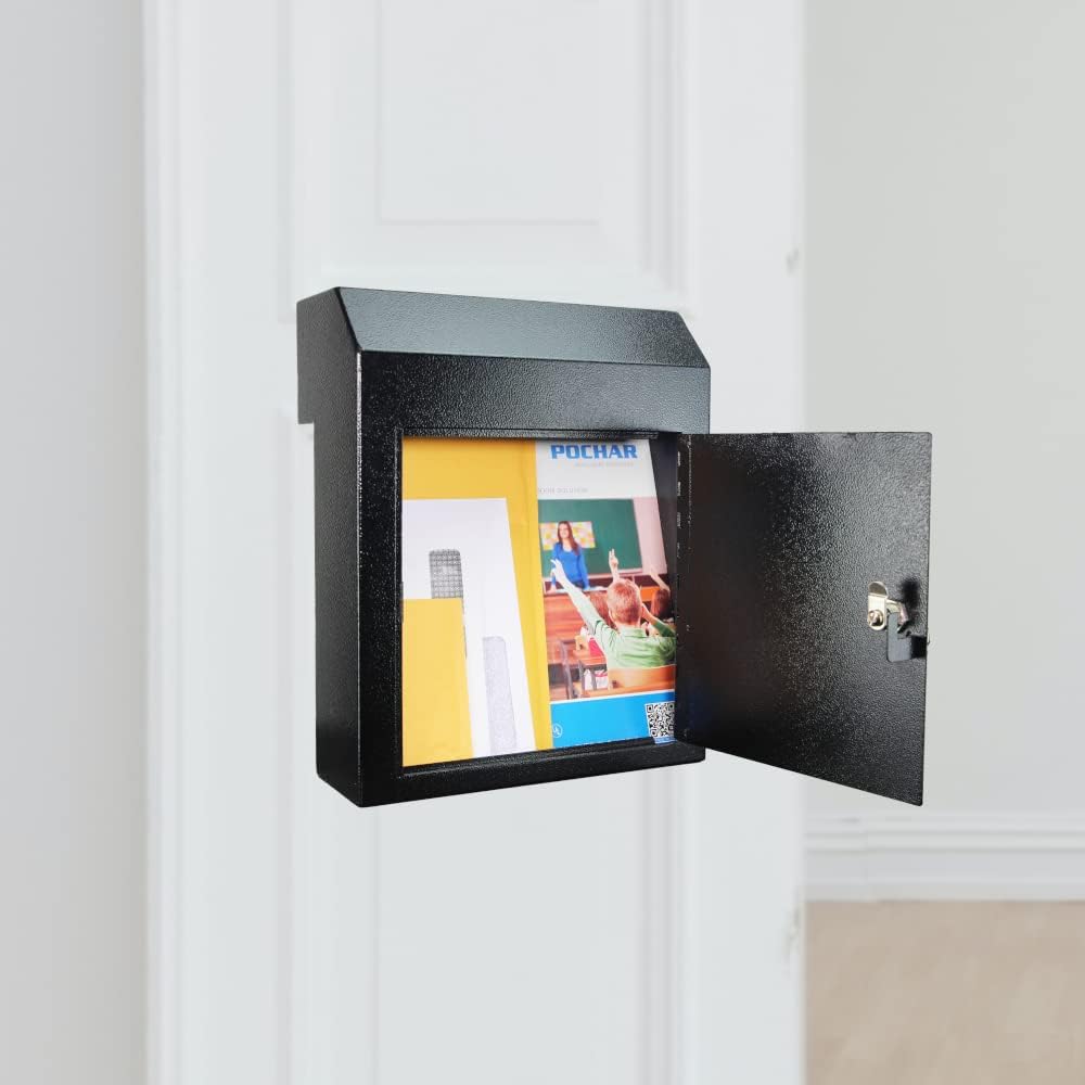 POCHAR Through The Door Drop Box with Lock, Heavy Duty Door Mailbox for Cash Rents Deposit Payments Checks, Steel Large Key Drop Box for House Office Apartment, Security Anti-Theft Dropbox, Black