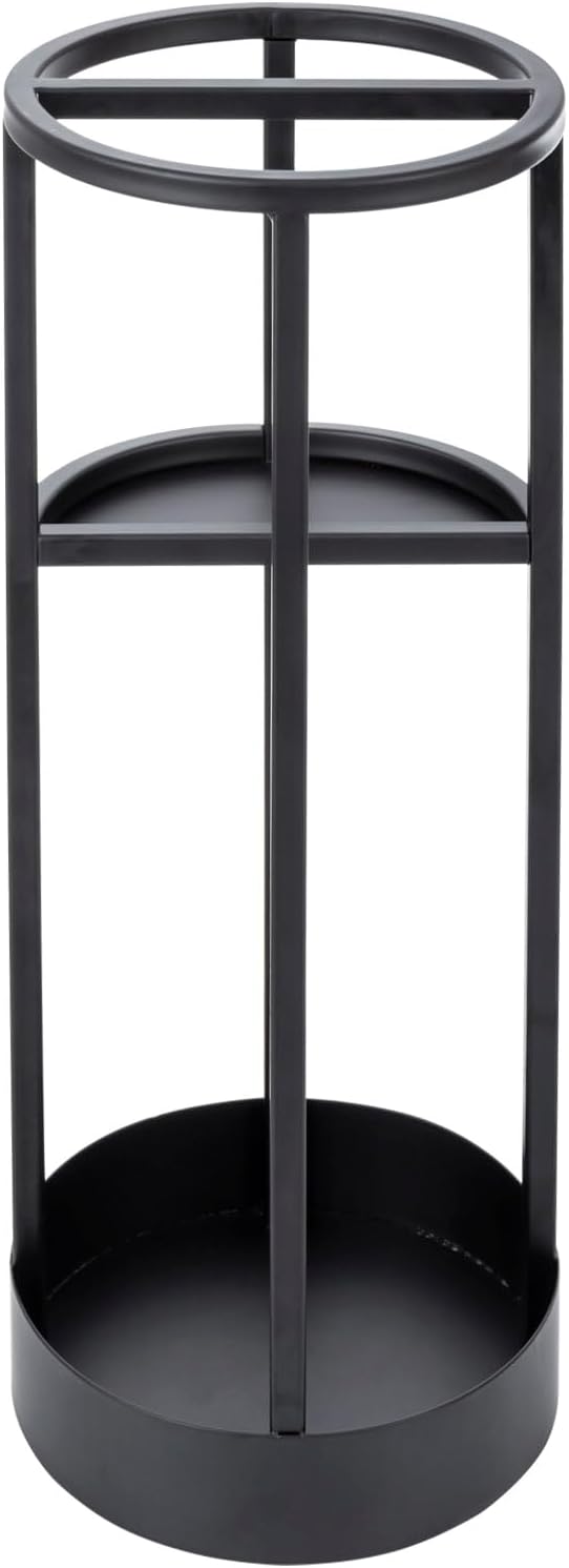 MyGift 20 Inch Tall Modern Round Matte Black Metal Freestanding Entryway Umbrella Rack or Cane Holder with Shelf for Small Umbrellas and Bottom Drip Catch
