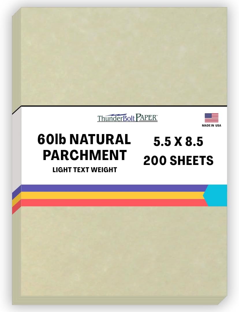 200 Natural Parchment 60# Text (=24# Bond) Paper Sheets - 5.5 X 8.5 Inches Half Letter | Statement Size - 60 Pound is Not Card Weight - Vintage Colored Old Parchment Semblance