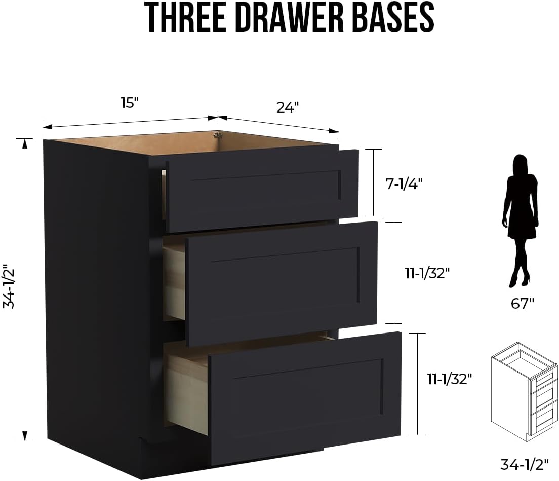 Shaker Style Charcoal Black RTA Base Drawer Cabinet - Solid Wood 3-Drawer Design with Soft Close Feature, 15" W x 24" D x 34.5" H, Perfect for Standalone Use or Kitchen Cabinet Combinations
